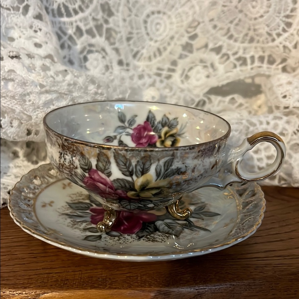 Lefton Floral Teacup and Saucer Set with Gold Accents